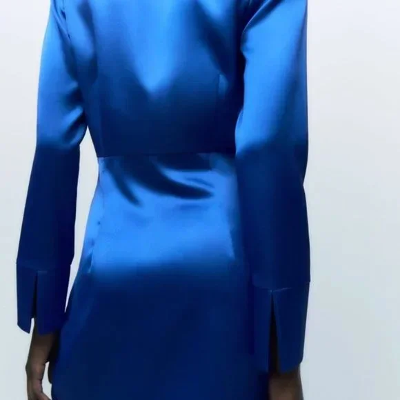 Zara Blue Mini Dress Long Sleeve Notched Collar - Picture 7 of 8